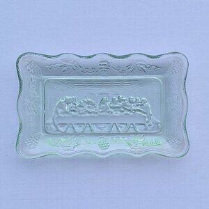 Vintage Last Supper Tiara Indiana Glass Green Butter Plate Trinket Dish